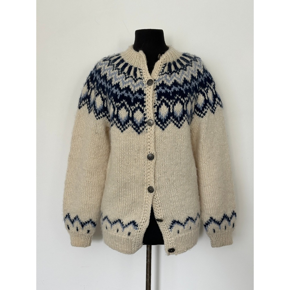 Stobi Denmark Wool Fair Isle Cardigan Sweater M Cream Blue Handknit Scandinavian